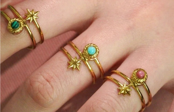 Retro Starlight Gold Ring -available with Malachite, Rhodochrosite or Amazonite