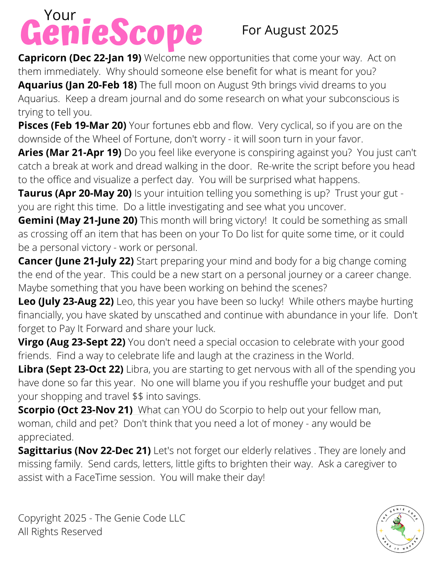GenieScopes - a monthly horoscope from Your Genie