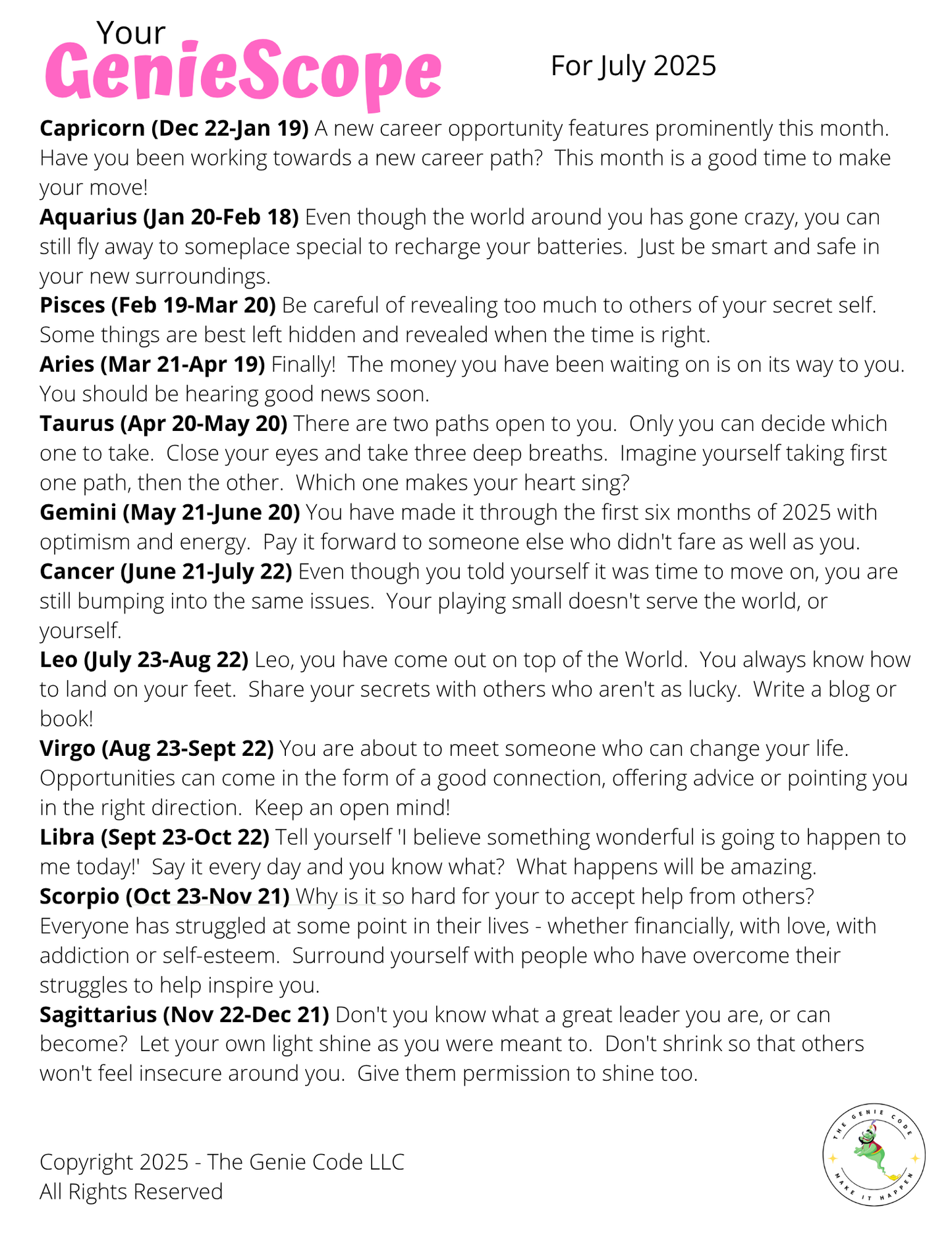 GenieScopes - a monthly horoscope from Your Genie