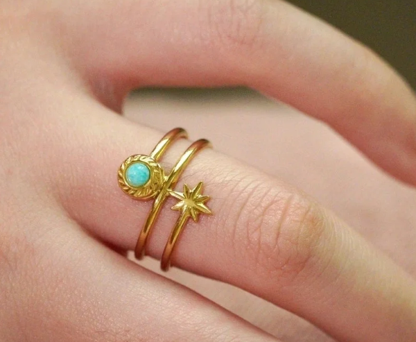 Retro Starlight Gold Ring -available with Malachite, Rhodochrosite or Amazonite