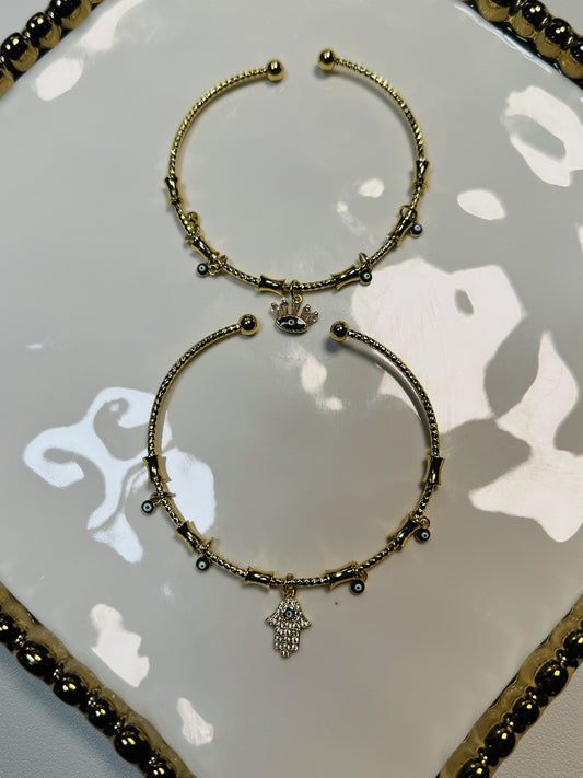Golden Shield Bangles-Hamsa or Lucky Eye