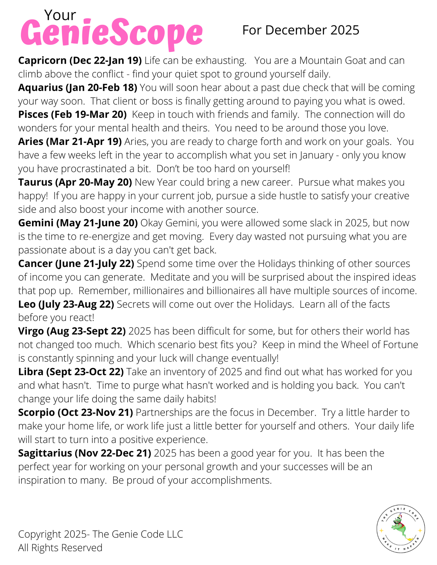 GenieScopes - a monthly horoscope from Your Genie
