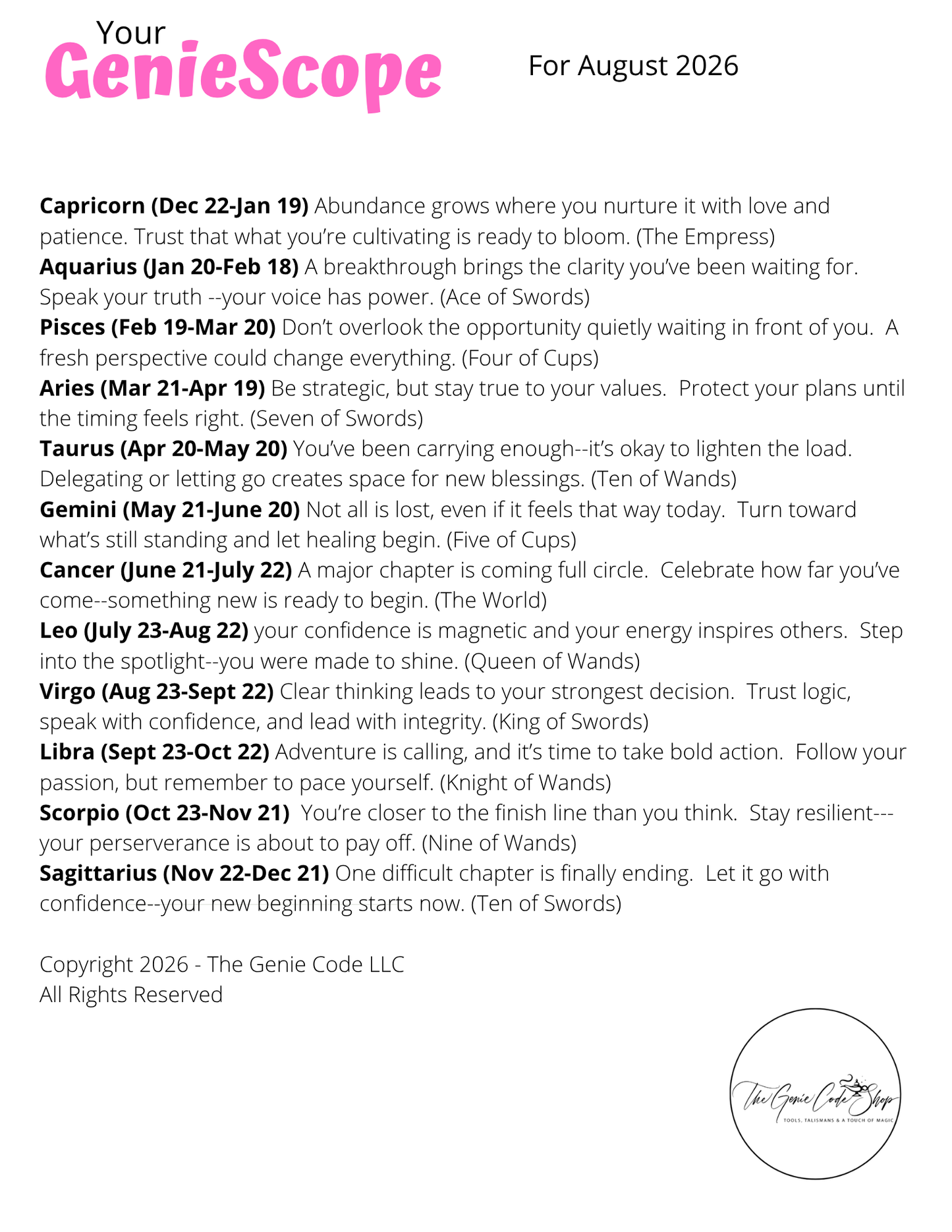 GenieScopes - a monthly horoscope from Your Genie