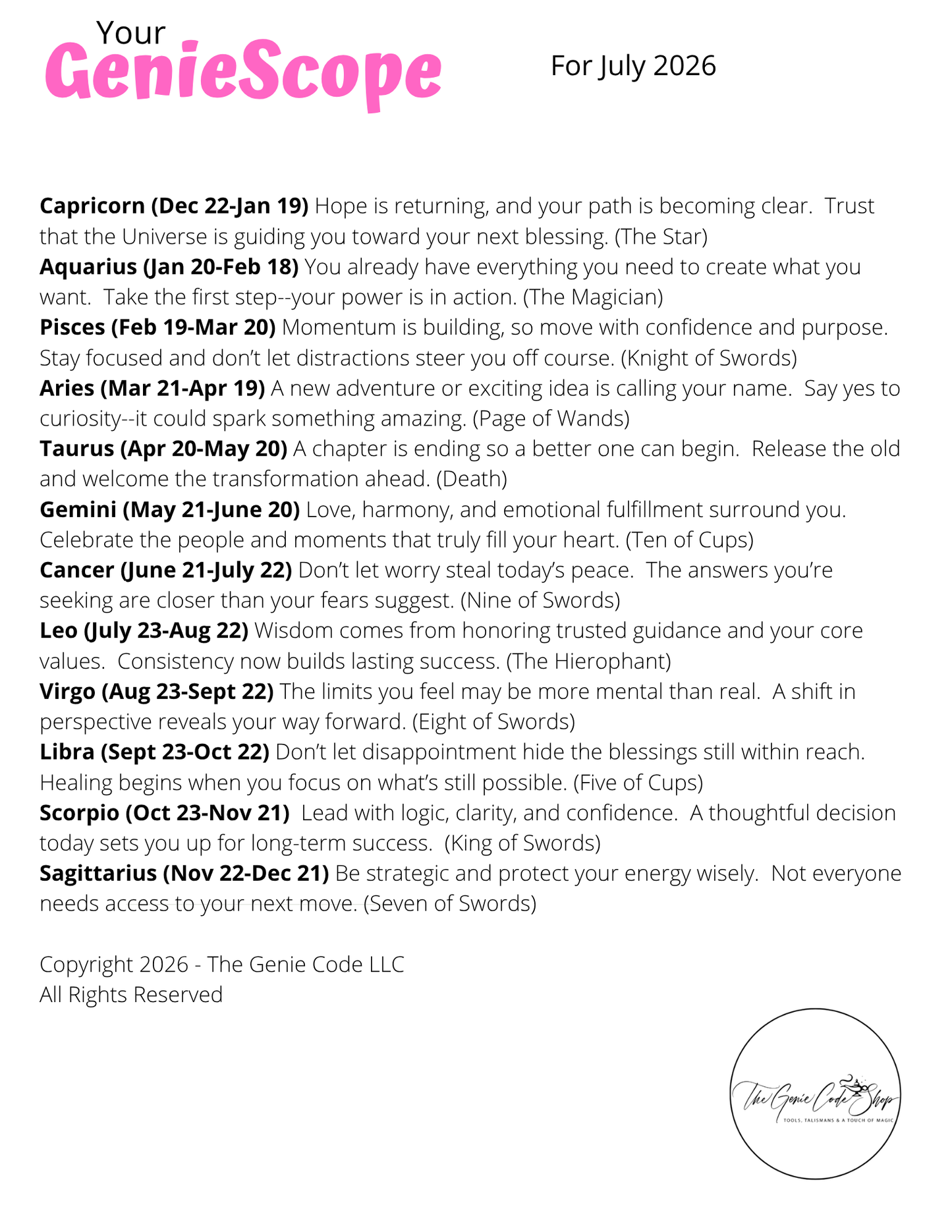 GenieScopes - a monthly horoscope from Your Genie