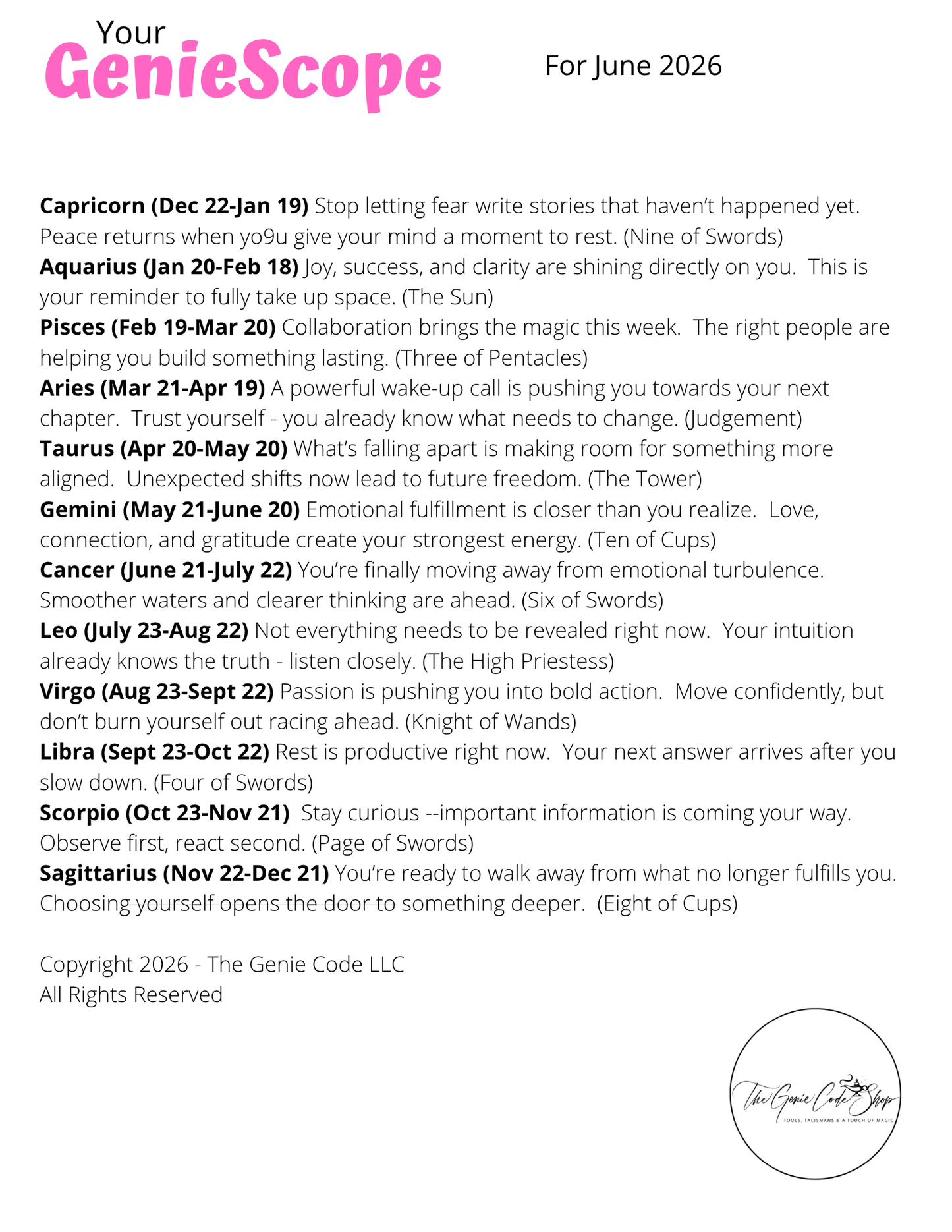 GenieScopes - a monthly horoscope from Your Genie