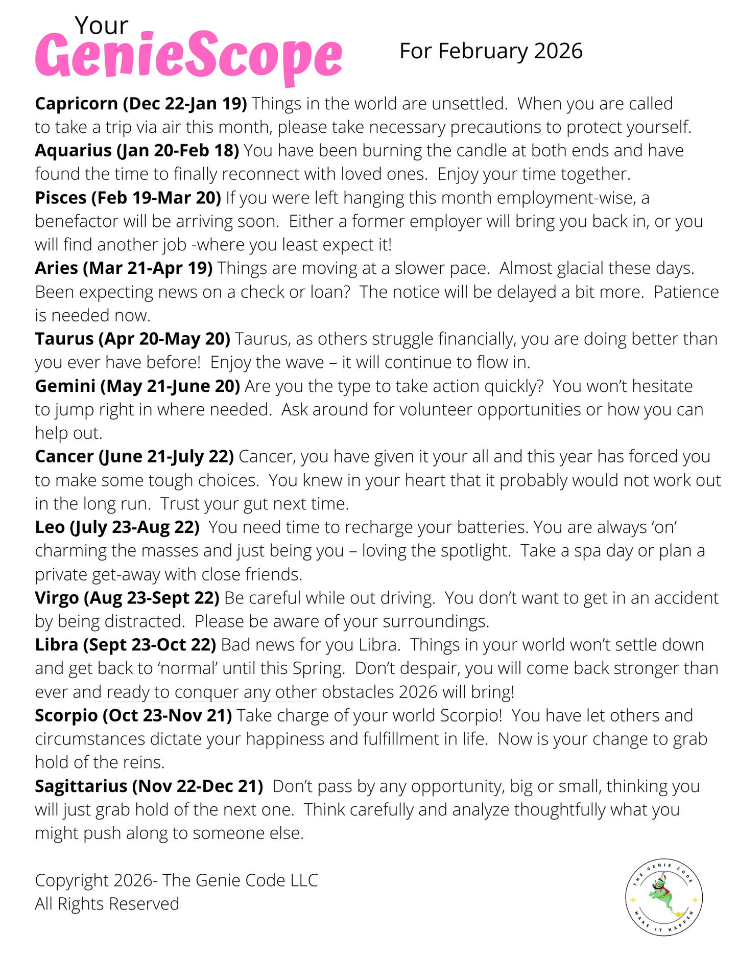 GenieScopes - a monthly horoscope from Your Genie