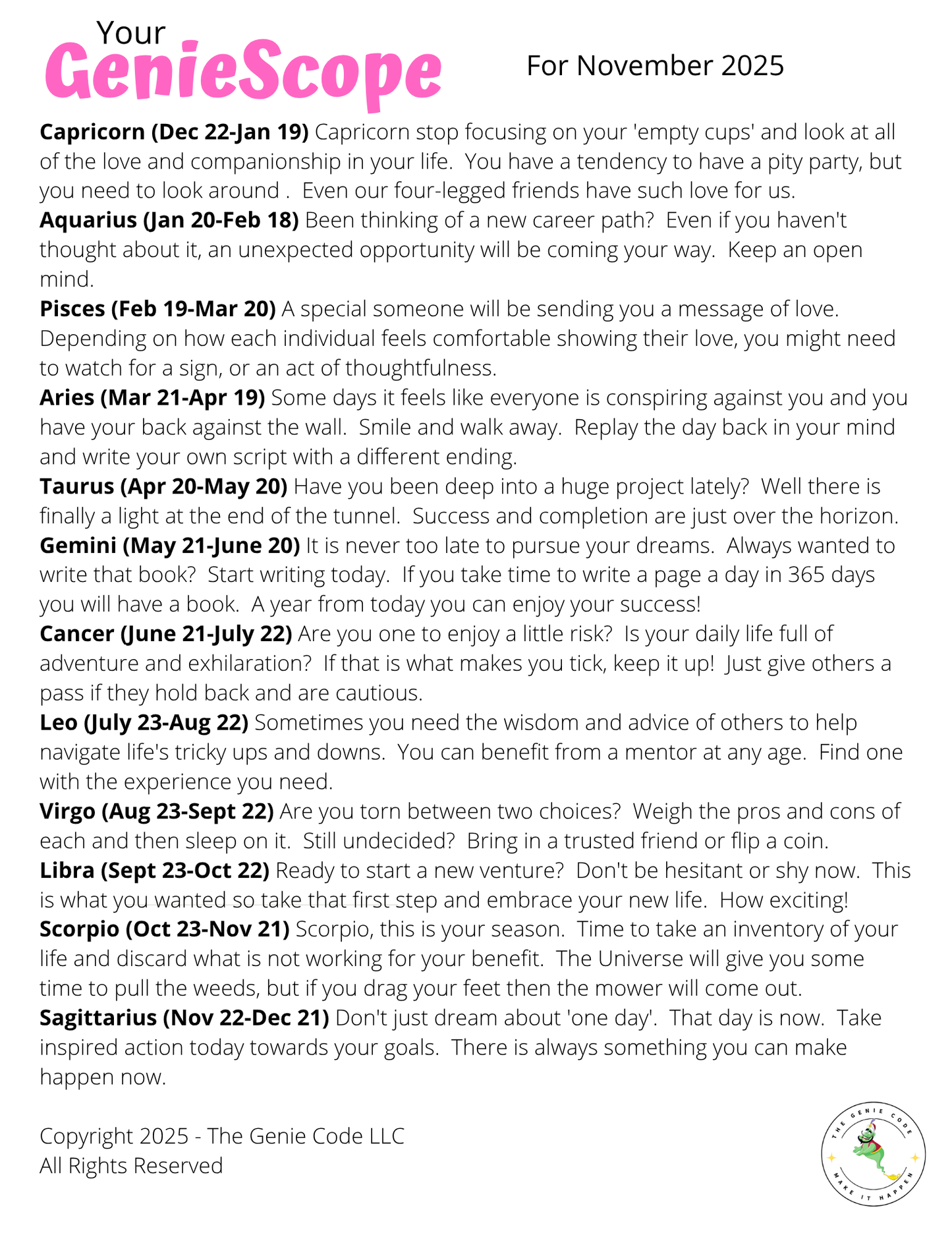 GenieScopes - a monthly horoscope from Your Genie