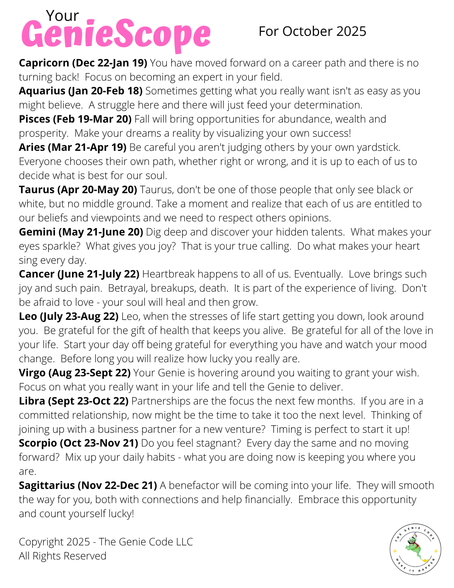 GenieScopes - a monthly horoscope from Your Genie