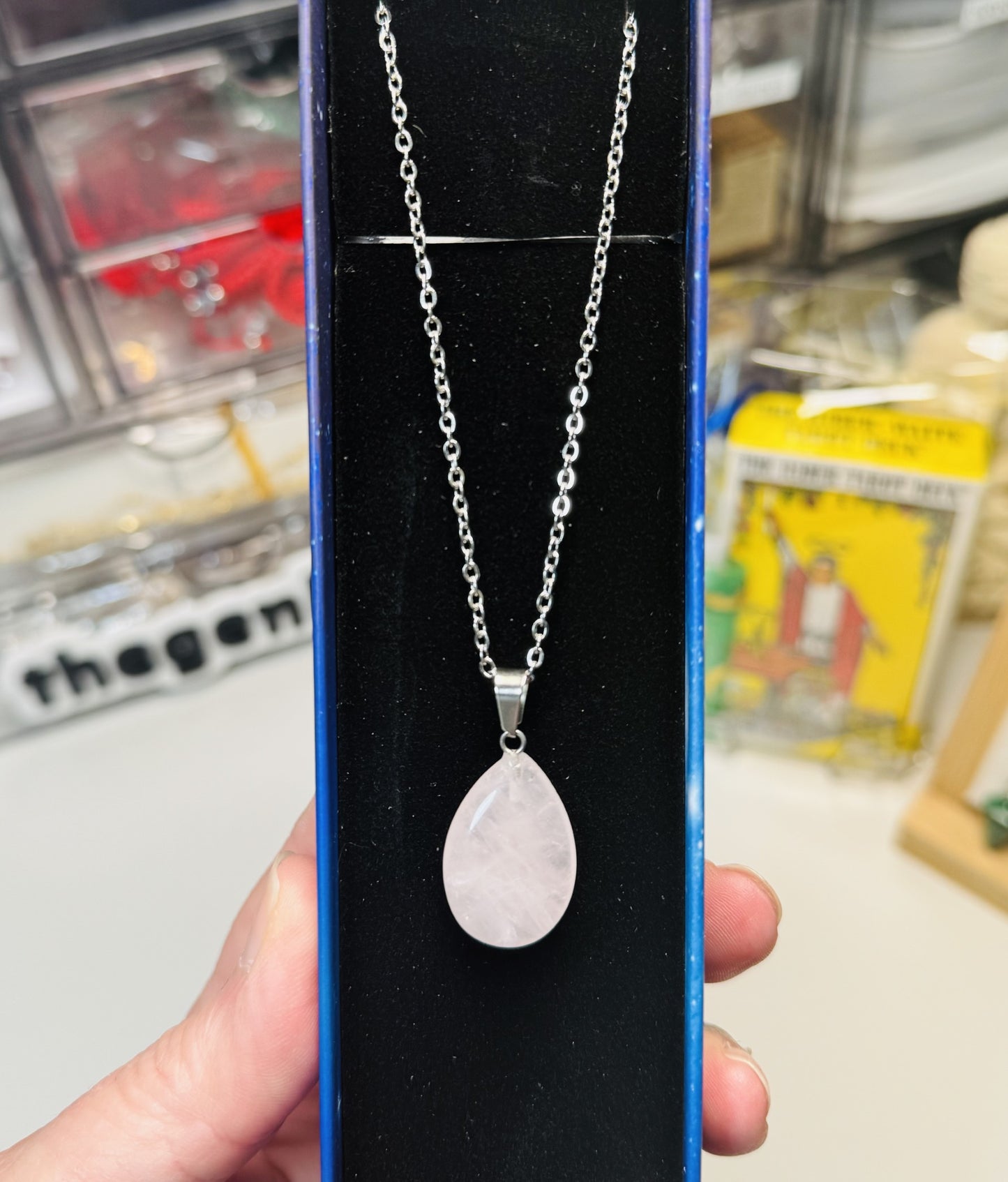 White Agate or Rose Quartz Teardrop Necklace