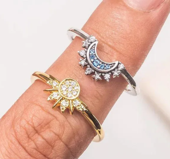 Celestial Harmony Interlocking Ring Set-Gold Sunburst & Silver Moon